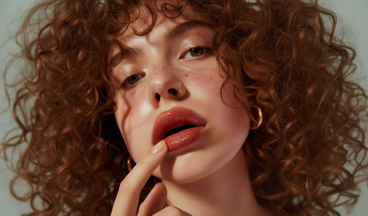Close-up of a person with curly hair and a neutral expression, with one hand near their mouth.